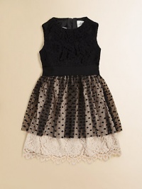 Party-perfect and perfectly stunning, this peplum frock features dreamy lace and a frilly pindot overlay.JewelneckSleevelessBack zipperBanded waistbandPeplum hemNylon/RayonDry cleanMade in the USA of imported fabric Party-perfect and perfectly stunning, this peplum frock features dreamy lace and a frilly pindot overlay.JewelneckSleevelessBack zipperBanded waistbandPeplum hemNylon/RayonDry cleanMade in the USA of imported fabric