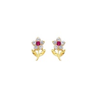 14K Yellow Gold Red and White Flower CZ Stud Earrings with Screw-back for Children 14K Yellow Gold Red and White Flower CZ Stud Earrings with Screw-back for Children