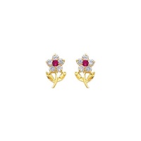 14K Yellow Gold Red and White Flower CZ Stud Earrings with Screw-back for Children