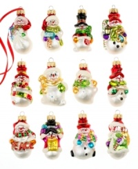 Too cute. Twelve mini snowmen ornaments, unique in their own way, spread bright cheer and happinesss to every branch in your Christmas tree. Too cute. Twelve mini snowmen ornaments, unique in their own way, spread bright cheer and happinesss to every branch in your Christmas tree.