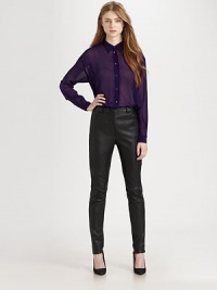 Must-have sleek silhouette in buttery thin leather for an edgy-chic design. THE FITFitted through hips and thighsRise, about 11Inseam, about 31THE DETAILSZip flyFront belt loopsDual slash pocketsCoin pocketLeg seamsLamb leatherDry cleanImportedModel shown is 5'10 (177cm) wearing US size 4. Must-have sleek silhouette in buttery thin leather for an edgy-chic design. THE FITFitted through hips and thighsRise, about 11Inseam, about 31THE DETAILSZip flyFront belt loopsDual slash pocketsCoin pocketLeg seamsLamb leatherDry cleanImportedModel shown is 5'10 (177cm) wearing US size 4.