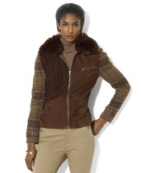 Sumptuous suede and a classic plaid pattern create a luxurious heritage complement on Lauren Ralph Lauren's edgy-chic jacket, finished with a full-zip front and faux-fur collar for rugged elegance. Sumptuous suede and a classic plaid pattern create a luxurious heritage complement on Lauren Ralph Lauren's edgy-chic jacket, finished with a full-zip front and faux-fur collar for rugged elegance.