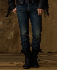 Cut for a true slim fit, this rugged jean is faded, rippled and shredded, making it the modern man's go-to for a cool, carefree uniform. Cut for a true slim fit, this rugged jean is faded, rippled and shredded, making it the modern man's go-to for a cool, carefree uniform.