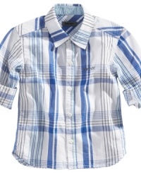 Pop some plaid in to his daily rotation with this roll-tab sleeve woven shirt from DKNY Pop some plaid in to his daily rotation with this roll-tab sleeve woven shirt from DKNY