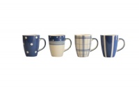 Euro Ceramica Kitchen Mugs, Set of 4 Assorted Patterns, Blue Euro Ceramica Kitchen Mugs, Set of 4 Assorted Patterns, Blue