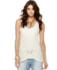 Boho-chic style comes alive in this breezy DKNY Jeans top. Knit and crochet makes for a handcrafted look when you pair it with flared jeans and a tank top! Boho-chic style comes alive in this breezy DKNY Jeans top. Knit and crochet makes for a handcrafted look when you pair it with flared jeans and a tank top!