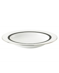 In the hands of kate spade, black and white is anything but basic. Dancing ebony stitched stripes provide a stunning contrast to the pristine china of the Union Street pasta bowl/rim soup (shown right). In the hands of kate spade, black and white is anything but basic. Dancing ebony stitched stripes provide a stunning contrast to the pristine china of the Union Street pasta bowl/rim soup (shown right).