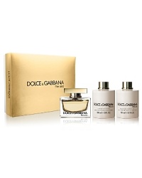 The One Is Gold.This three-piece gift set includes a 75 mL Eau de Parfum, 100 mL Body Lotion and 100 mL Shower Gel.A perfect representation of lavish style and classic shapes. It is the essence of luxury. The One is a warm, oriental floral with modern sensuality-a fragrance with a strong personality and a contrasting, golden sweetness. Created for the ultimate diva, The One is at once tempting, modern and glamorous, embracing a touch of classicism.