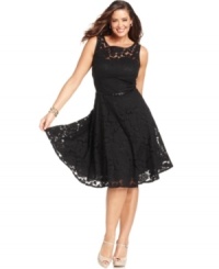 This plus size dress from Jones New York features a floral lace overlay and a feminine A-line silhouette--perfect for parties! This plus size dress from Jones New York features a floral lace overlay and a feminine A-line silhouette--perfect for parties!