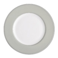 Encircled by scallops and cascading platinum dots, Dentelle brings to mind the exquisitely finished hems of Moniques couture bridal gowns. An accent plate with a full border in soft pearlescent gray casts a subtle shimmer. The refined border design, together with its modern color palette and finish, make this pattern as versatile as it is beautiful. Encircled by scallops and cascading platinum dots, Dentelle brings to mind the exquisitely finished hems of Moniques couture bridal gowns. An accent plate with a full border in soft pearlescent gray casts a subtle shimmer. The refined border design, together with its modern color palette and finish, make this pattern as versatile as it is beautiful.