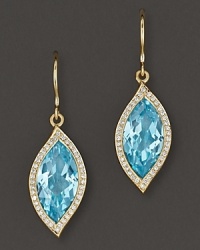 Pavé diamonds frame faceted blue topaz, set in 18K gold leaves. By Carelle. Pavé diamonds frame faceted blue topaz, set in 18K gold leaves. By Carelle.