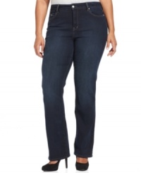 Get a long and lean look in Not Your Daughter's Jeans' straight leg plus size jeans, featuring a shaping panel for a flattering fit. Get a long and lean look in Not Your Daughter's Jeans' straight leg plus size jeans, featuring a shaping panel for a flattering fit.