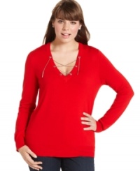 Lace-up a hot look for fall with MICHAEL Michael Kors' long sleeve plus size sweater. Lace-up a hot look for fall with MICHAEL Michael Kors' long sleeve plus size sweater.