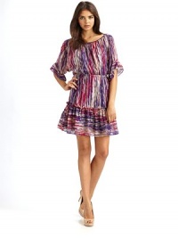 THE LOOKMulticolor abstract pattern on textured chiffonScoop necklineOversized, short sleeves with ruffle cuffsElastic waistRuffle hemTHE FITAbout 36 from shoulder to hemTHE MATERIALSilk chiffonSilk underlayerCARE & ORIGINDry cleanImported THE LOOKMulticolor abstract pattern on textured chiffonScoop necklineOversized, short sleeves with ruffle cuffsElastic waistRuffle hemTHE FITAbout 36 from shoulder to hemTHE MATERIALSilk chiffonSilk underlayerCARE & ORIGINDry cleanImported