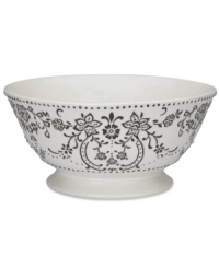 Oleg Cassini weaves a table of playful sophistication with the Ava centerpiece bowl, featuring lacy flowers and dots embossed and hand painted in black and white. Oleg Cassini weaves a table of playful sophistication with the Ava centerpiece bowl, featuring lacy flowers and dots embossed and hand painted in black and white.