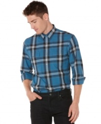This slim fit Perry Ellis button down is a sophisticated upgrade from your regular plaid shirt. This slim fit Perry Ellis button down is a sophisticated upgrade from your regular plaid shirt.