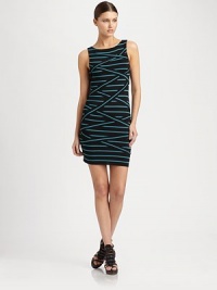 Sporty stripes and unique, criss-crossing bandage construction define this form-fitting design.Jewel necklineSleevelessCross-cross bandage constructionFully linedAbout 21 from waist to hem94% rayon/6% spandexDry cleanMade in USAModel shown is 5'11 (180cm) wearing US size Small. Sporty stripes and unique, criss-crossing bandage construction define this form-fitting design.Jewel necklineSleevelessCross-cross bandage constructionFully linedAbout 21 from waist to hem94% rayon/6% spandexDry cleanMade in USAModel shown is 5'11 (180cm) wearing US size Small.
