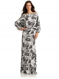 THE LOOKAbstract tropical leaf patternBateau necklineThree-quarter length dolman sleeves with elastic cuffsBlouson bodiceMaxi lengthTHE FITAbout 60 from shoulder to hemTHE MATERIALModal/spandexCARE & ORIGINDry cleanMade in USAModel shown is 5'9½ (176cm) wearing US size Small. THE LOOKAbstract tropical leaf patternBateau necklineThree-quarter length dolman sleeves with elastic cuffsBlouson bodiceMaxi lengthTHE FITAbout 60 from shoulder to hemTHE MATERIALModal/spandexCARE & ORIGINDry cleanMade in USAModel shown is 5'9½ (176cm) wearing US size Small.