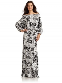 THE LOOKAbstract tropical leaf patternBateau necklineThree-quarter length dolman sleeves with elastic cuffsBlouson bodiceMaxi lengthTHE FITAbout 60 from shoulder to hemTHE MATERIALModal/spandexCARE & ORIGINDry cleanMade in USAModel shown is 5'9½ (176cm) wearing US size Small. 