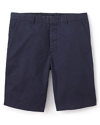 A modern micro-checked print in shades of dark blue give shorts from Theory a preppy-with-an-edge feel. A modern micro-checked print in shades of dark blue give shorts from Theory a preppy-with-an-edge feel.