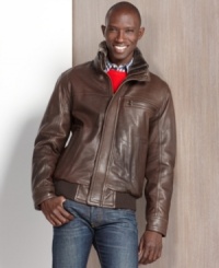 Get a luxe look even when you're casual in this rugged leather bomber jacket from Marc New York. Get a luxe look even when you're casual in this rugged leather bomber jacket from Marc New York.