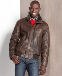 Get a luxe look even when you're casual in this rugged leather bomber jacket from Marc New York.