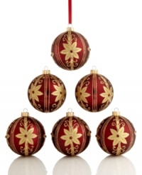 Make your tree extra-festive this season with these beautiful holiday ornaments, featuring a burgundy matte finish with a gold sparkle floral design. Make your tree extra-festive this season with these beautiful holiday ornaments, featuring a burgundy matte finish with a gold sparkle floral design.