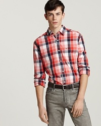 A check pattern of bold graphic squares recalls paint sample cards and adds modern edge to your shirting wardrobe. A check pattern of bold graphic squares recalls paint sample cards and adds modern edge to your shirting wardrobe.
