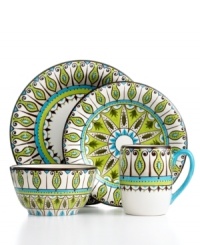 An exotic pattern contrasts the basic shapes of Stella dinnerware for place settings that are full of energy and, in durable earthenware, conveniently dishwasher and microwave safe. An exotic pattern contrasts the basic shapes of Stella dinnerware for place settings that are full of energy and, in durable earthenware, conveniently dishwasher and microwave safe.