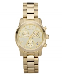 Gold-finished brushed and polished steel make a subtly sexy statement on this feminine watch by Michael Kors. Gold-finished brushed and polished steel make a subtly sexy statement on this feminine watch by Michael Kors.