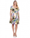 London Times Women's Plus-Size Printed Belted Short Sleeve Flare Dress