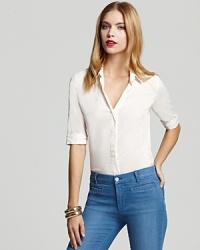 Featuring ribbed knit side panels, this James Perse shirt is a casually cool update on the classic oxford. Featuring ribbed knit side panels, this James Perse shirt is a casually cool update on the classic oxford.