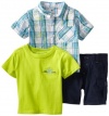 Nannette Baby-boys Infant 3 Piece Woven Shirt Knit Pullover and Short Set, Green, 24 Months