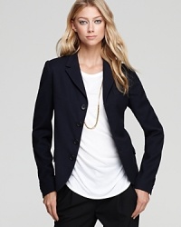 A classic must-own piece for fall, this shrunken wool Vince blazer flaunts a more feminine, cropped silhouette for topping off denim or mix-and-match suit separates. A classic must-own piece for fall, this shrunken wool Vince blazer flaunts a more feminine, cropped silhouette for topping off denim or mix-and-match suit separates.