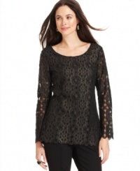 Studio M's lace top is striking with sheer sleeves and metallic detail throughout. Studio M's lace top is striking with sheer sleeves and metallic detail throughout.