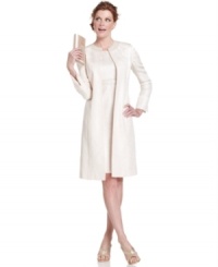 You'll make a stunning style statement, no matter the occasion, in Kasper's sheath and coordinating jacket. Metallic-flecked jacquard fabric and beaded details create a dazzling look. You'll make a stunning style statement, no matter the occasion, in Kasper's sheath and coordinating jacket. Metallic-flecked jacquard fabric and beaded details create a dazzling look.