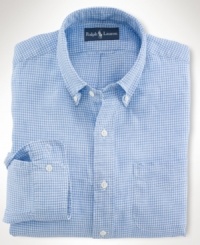 Cut for a relaxed, classic fit, a long-sleeved sport shirt is crafted from soft, breathable linen in a preppy gingham print for a refined, timeless look. Cut for a relaxed, classic fit, a long-sleeved sport shirt is crafted from soft, breathable linen in a preppy gingham print for a refined, timeless look.