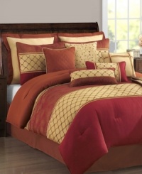 An ornate mixture of prints and solids, this Paragon comforter set boasts a look of distinction with an elegant touch. This complete set features shams, bedskirt and a pile of decorative pillows all in rich red and yellow hues with shimmering gold accents for a truly stunning presentation. An ornate mixture of prints and solids, this Paragon comforter set boasts a look of distinction with an elegant touch. This complete set features shams, bedskirt and a pile of decorative pillows all in rich red and yellow hues with shimmering gold accents for a truly stunning presentation.