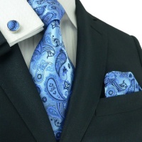 Landisun 36A Bright Blue Paisleys Mens Silk Tie Set: Tie+Hanky+Cufflinks