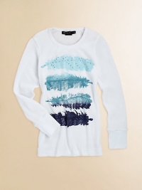 This long-sleeved, cold weather essential gets a glam update with colorful feather print and sparkling embellishments.ScoopneckLong sleevesPullover styleRayon/CottonHand washImported This long-sleeved, cold weather essential gets a glam update with colorful feather print and sparkling embellishments.ScoopneckLong sleevesPullover styleRayon/CottonHand washImported