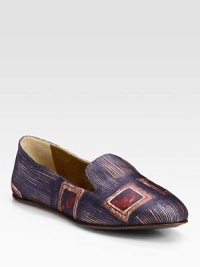 Traditional smoking slipper of fine satin takes on a vivid graphic print for superior comfort and style. Graphic-print satin upperLeather lining and solePadded insoleMade in Italy Traditional smoking slipper of fine satin takes on a vivid graphic print for superior comfort and style. Graphic-print satin upperLeather lining and solePadded insoleMade in Italy