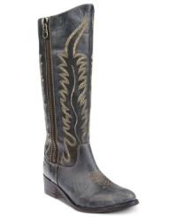 Elaborate stitching on the vamp of Steve Madden's Graced western boots makes all the difference. Elaborate stitching on the vamp of Steve Madden's Graced western boots makes all the difference.