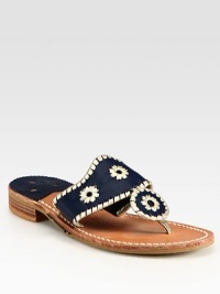 An updated twist on the classic Palm Beach flat with platinum leather whipstitched detail. Stacked heel, 1 (25mm)Leather lining and soleMade in USA An updated twist on the classic Palm Beach flat with platinum leather whipstitched detail. Stacked heel, 1 (25mm)Leather lining and soleMade in USA