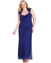 Jeweled straps and a captivating back cutout give this plus size Xscape dress style that's both sophisticated and flirty. Jeweled straps and a captivating back cutout give this plus size Xscape dress style that's both sophisticated and flirty.