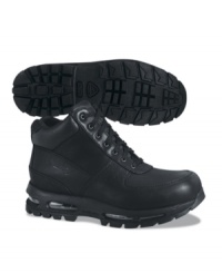 This pair of men's boots is tough enough for all conditions. Made by Nike, these rugged boots for men provide the added comfort and support of a visible air cushion through the sole. This pair of men's boots is tough enough for all conditions. Made by Nike, these rugged boots for men provide the added comfort and support of a visible air cushion through the sole.