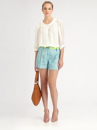 Timeless tweed shorts with body-skimming pleats and a contrasting bungee belt. Hook-and-eye closureZip flyDetachable neon bungee beltSlash pocketsBack besom pocketsRise, about 12Inseam, about 5½Acrylic/cotton/viscose/linen/nylon/elastaneDry cleanMade in USA of Imported fabricSIZE & FITModel shown is 5'10 (177cm) wearing US size 4. Timeless tweed shorts with body-skimming pleats and a contrasting bungee belt. Hook-and-eye closureZip flyDetachable neon bungee beltSlash pocketsBack besom pocketsRise, about 12Inseam, about 5½Acrylic/cotton/viscose/linen/nylon/elastaneDry cleanMade in USA of Imported fabricSIZE & FITModel shown is 5'10 (177cm) wearing US size 4.