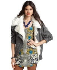 An oversized faux-shearling collar adds chic appeal to this wool-blend Bar III coat for a chic fall cover-up! An oversized faux-shearling collar adds chic appeal to this wool-blend Bar III coat for a chic fall cover-up!