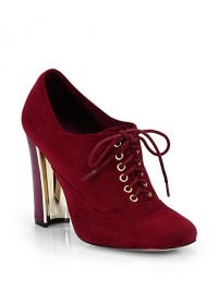 THE LOOKSquare toeRich kid suede upperLace-up detailsMirrored metal on high heelPadded insoleLeather-covered heel, 4½ (115mm)THE MATERIALSuede upperLeather lining and soleORIGINImported THE LOOKSquare toeRich kid suede upperLace-up detailsMirrored metal on high heelPadded insoleLeather-covered heel, 4½ (115mm)THE MATERIALSuede upperLeather lining and soleORIGINImported