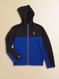 Crafted in stretchy athletic fleece, this ultra-light, full-zip hoodie is designed with bold colorblocked details and reflective accents for a cool, sporty look.Attached hoodLong sleevesFull-zip frontAngled hand pocketsPolyesterMachine washImported