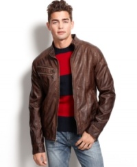 Complement your wardrobe with this timeless piece by Guess Jeans. The Pico faux leather jacket is casually fitted to complete any look. Complement your wardrobe with this timeless piece by Guess Jeans. The Pico faux leather jacket is casually fitted to complete any look.